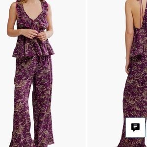 Free People Plum Printed Wide-Leg Jumpsuit with Ruffle V-Neck